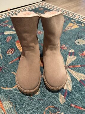 Birkenstock Taupe Suede Boots with Pink Shearling Trim